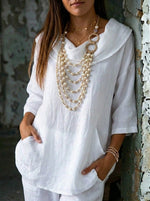 Women's Solid Color Draped Neck 3/4 Sleeve Comfortable Casual Linen Pocket Top