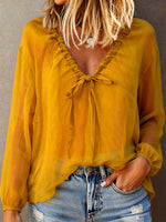Women's Summer Casual Long-sleeve Loose Drawstring Neckline Organza Top