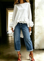 Women's Solid Crew Neck Tiered Ruffle High Low Blouse