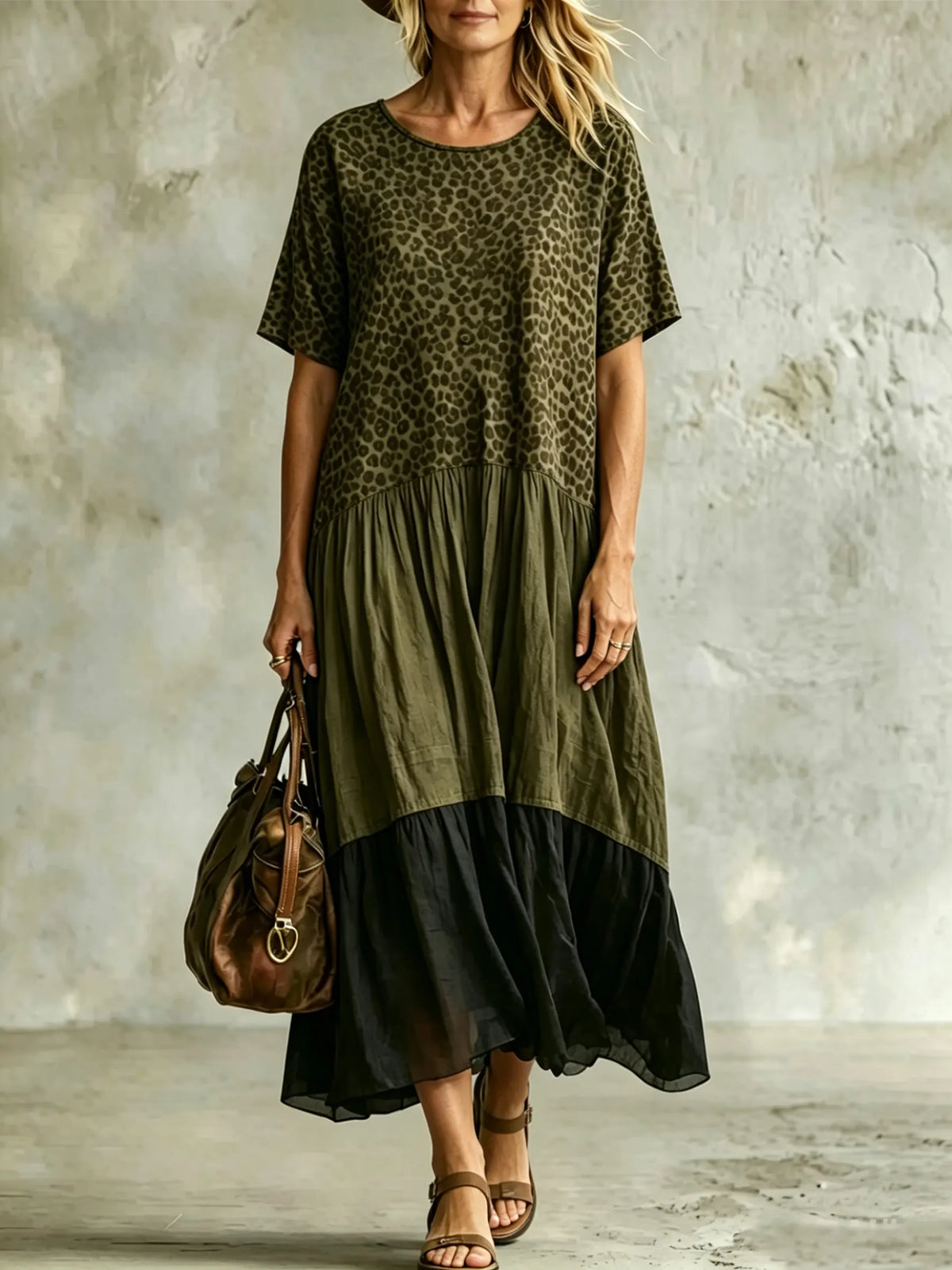 Women's Casual Leopard-print Spliced chiffon & Cotton Dress