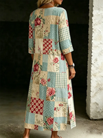 Women's Casual Retro Floral Print Cotton Linen Dress Round Neck And Side Slits