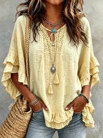 Off-the-shoulder Stylish Loose-fit Cotton Top With Ruffles And V-neck