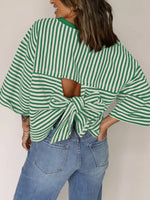 Women's Casual Crew-neck Striped Short-sleeve Top With Back Tie-bow Detail
