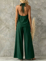 Women's Vintage Green Sleeveless Backless Top Trousers Set