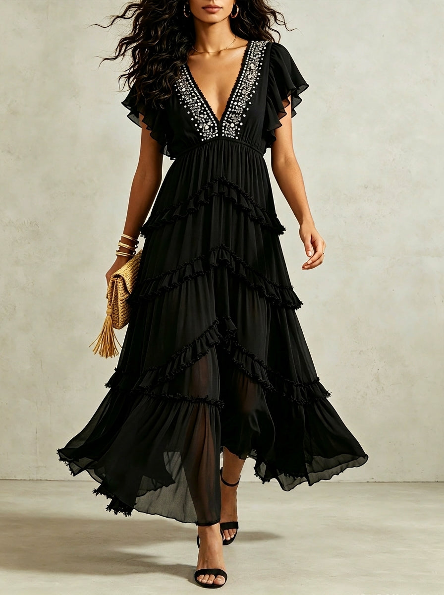 Women's Elegant V-neck Ruffled Flowy Maxi Dress