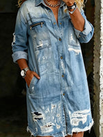 Women’s Casual Brushed Denim Distressed Holes Shirt Dress