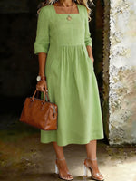 Women’s Causal Square Neck 3/4-sleeve High-waisted Pockets Maxi Dress