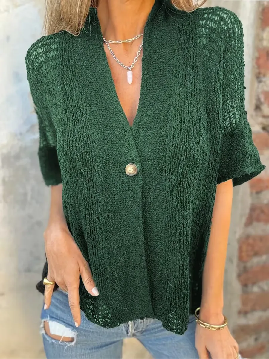 Casual Vacation Style Single-button Open-knit Cardigan Top