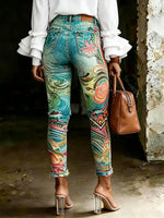 Women's Fashion Casual Multicolor Flowers Art Print Ripped Skinny Jeans