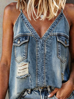 Women's V-neck Pocket Brushed Distressed Denim Halter Vest
