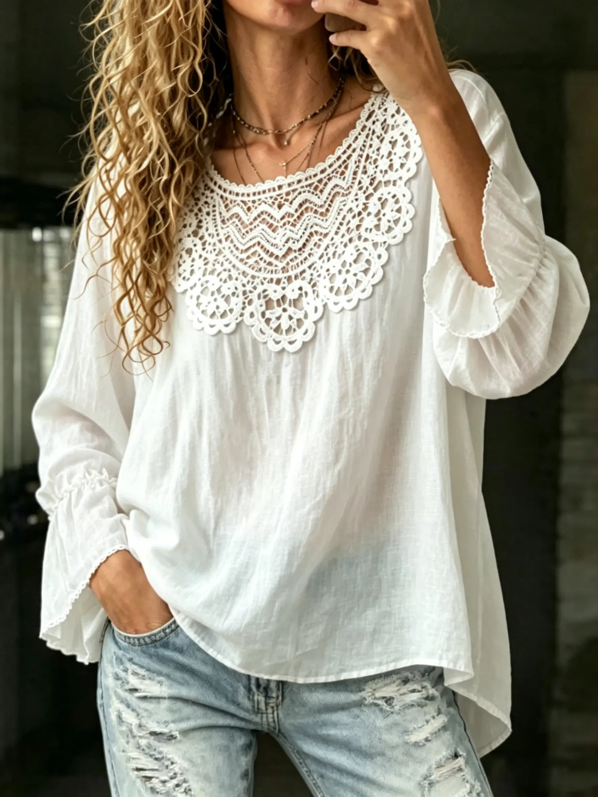 Women's Lace Patchwork Long Sleeve Blouse | Elegant Ruffle Cuff Tunic Top