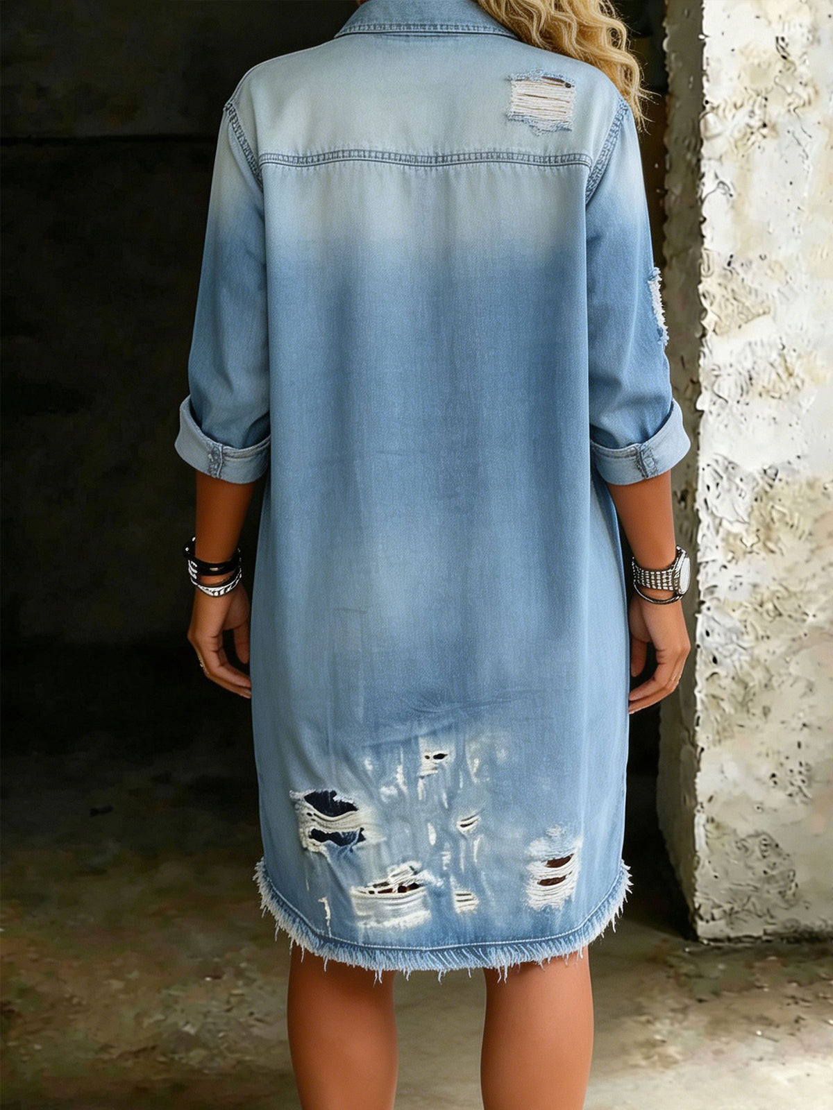 Women’s Casual Brushed Denim Distressed Holes Shirt Dress