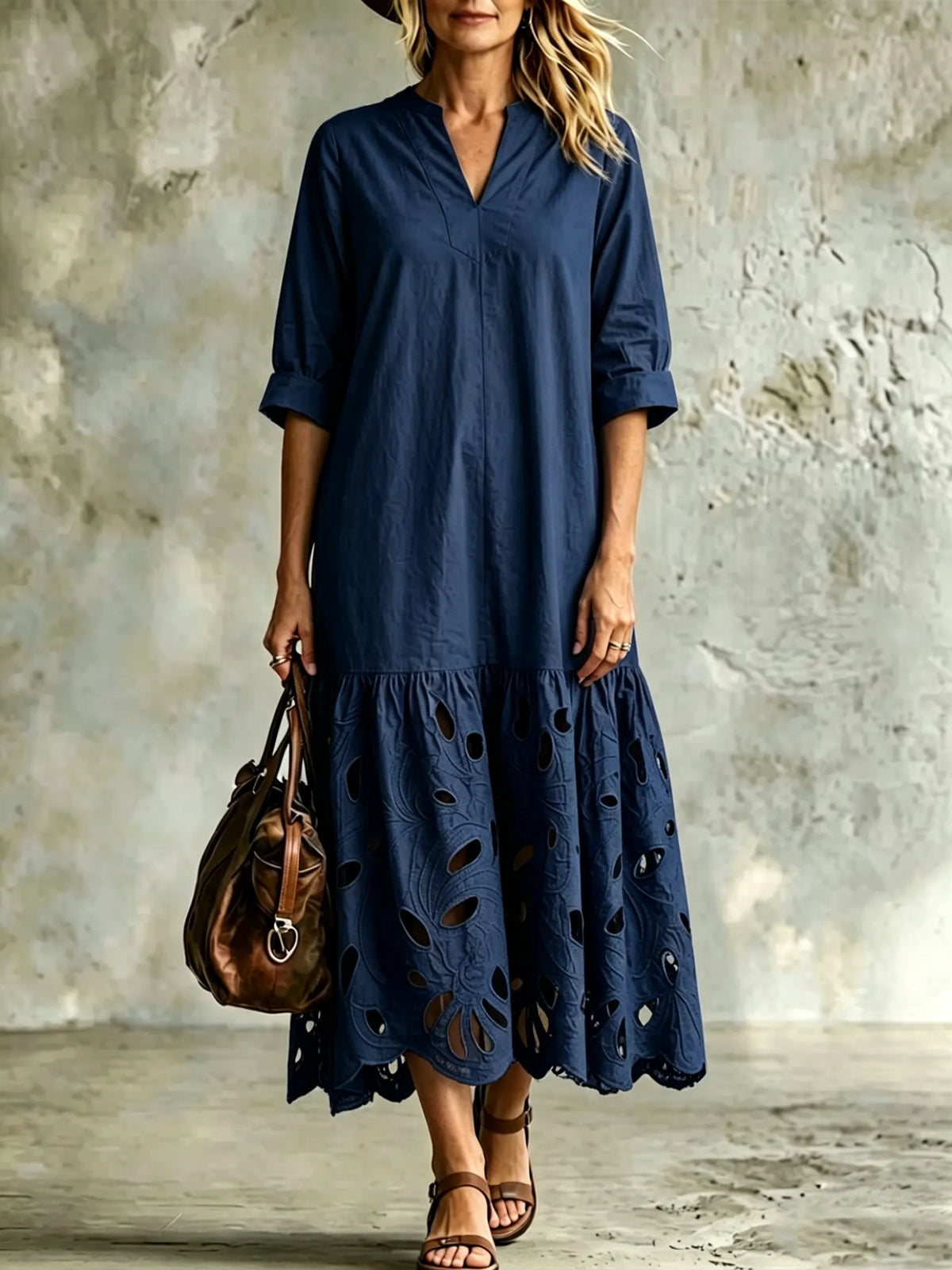 Women's V-neck 3/4 Sleeve Cutwork Cotton Midi Dress