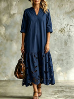 Women's V-neck 3/4 Sleeve Cutwork Cotton Midi Dress