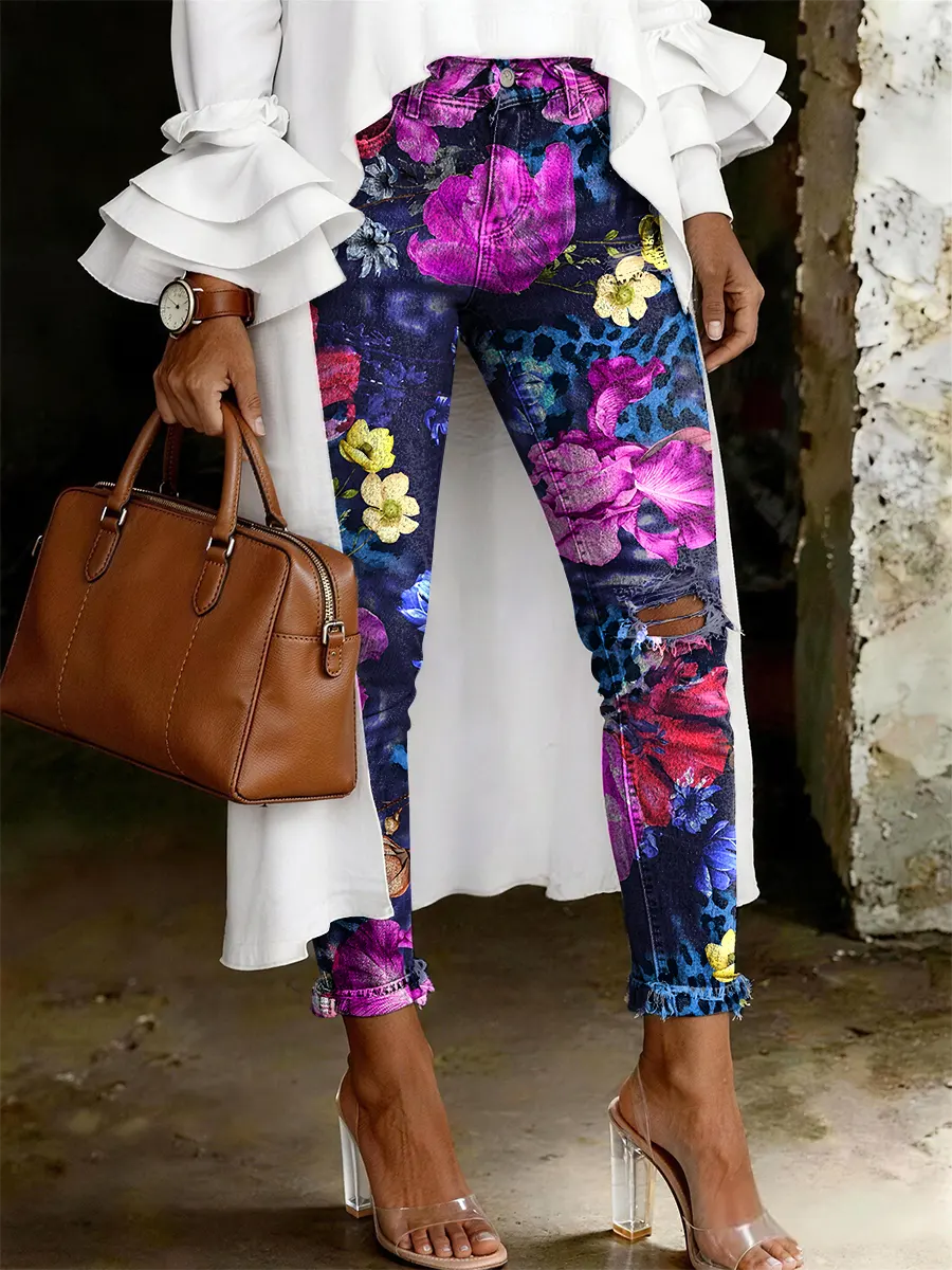 Women's Fashion Casual Multicolor Flowers Art Print Ripped Skinny Jeans