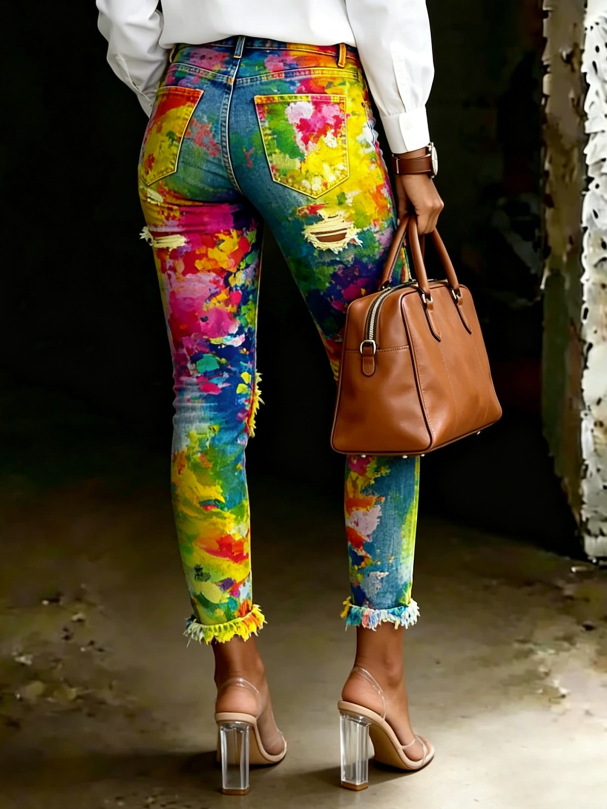 Women's Colorful Abstract Art Art Ripped Skinny Jeans