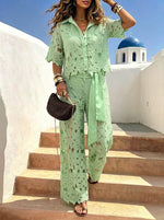 Women‘s Solid-color Cut-out Cardigan Top And Wide-leg Pants Two-piece Set For Women