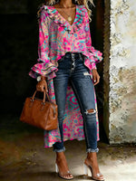 Women's Paisley Floral Art Casual Ruffled V-neck Cotton Shirt
