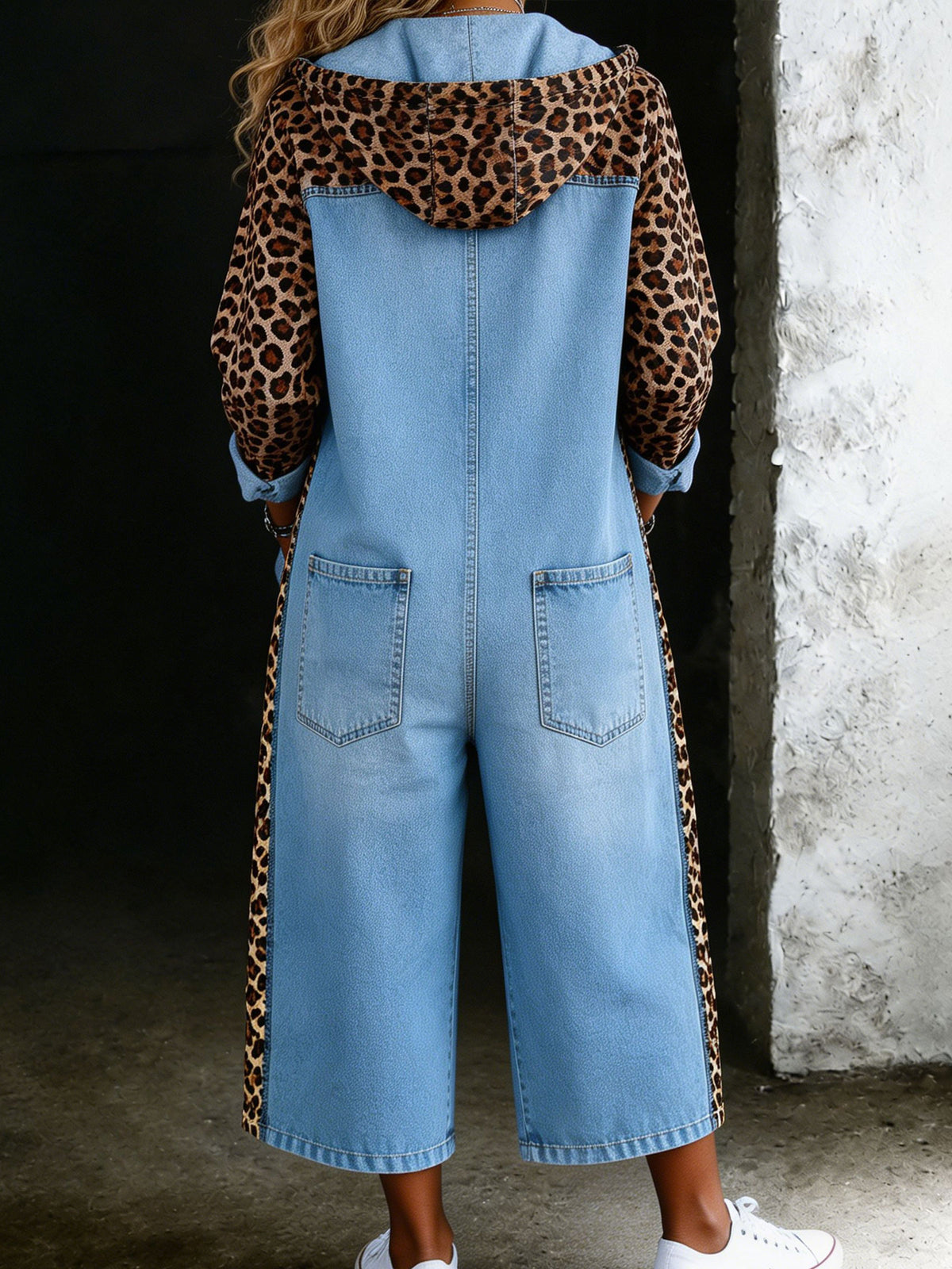 Women’s Leopard Patchwork Casual One Piece Denim Jumpsuit