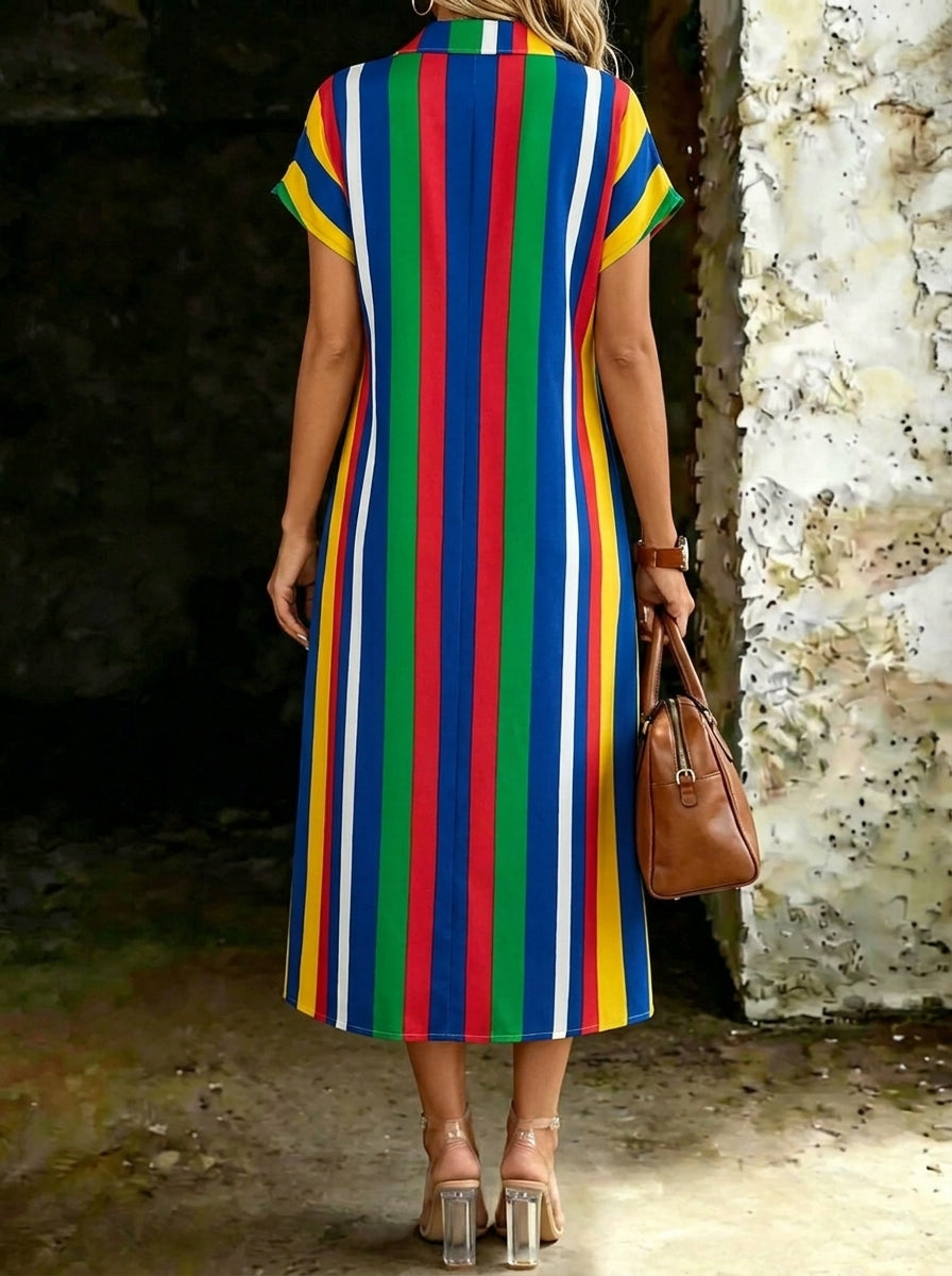 Women's Rainbow-striped Short-sleeve Button-up Maxi Dress