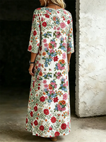Women's Casual Retro Floral Print Cotton Linen Dress Round Neck And Side Slits
