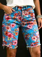 Women's Vintage Blue Floral Art Print Casual Denim Shorts