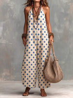 Women's Casual Fashion Cotton Polka Dot Print Sleeveless Halter Jumpsuit