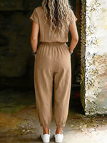Women’s Short-sleeve Round-neck Elastic Waistband Drawstring Pockets Romper