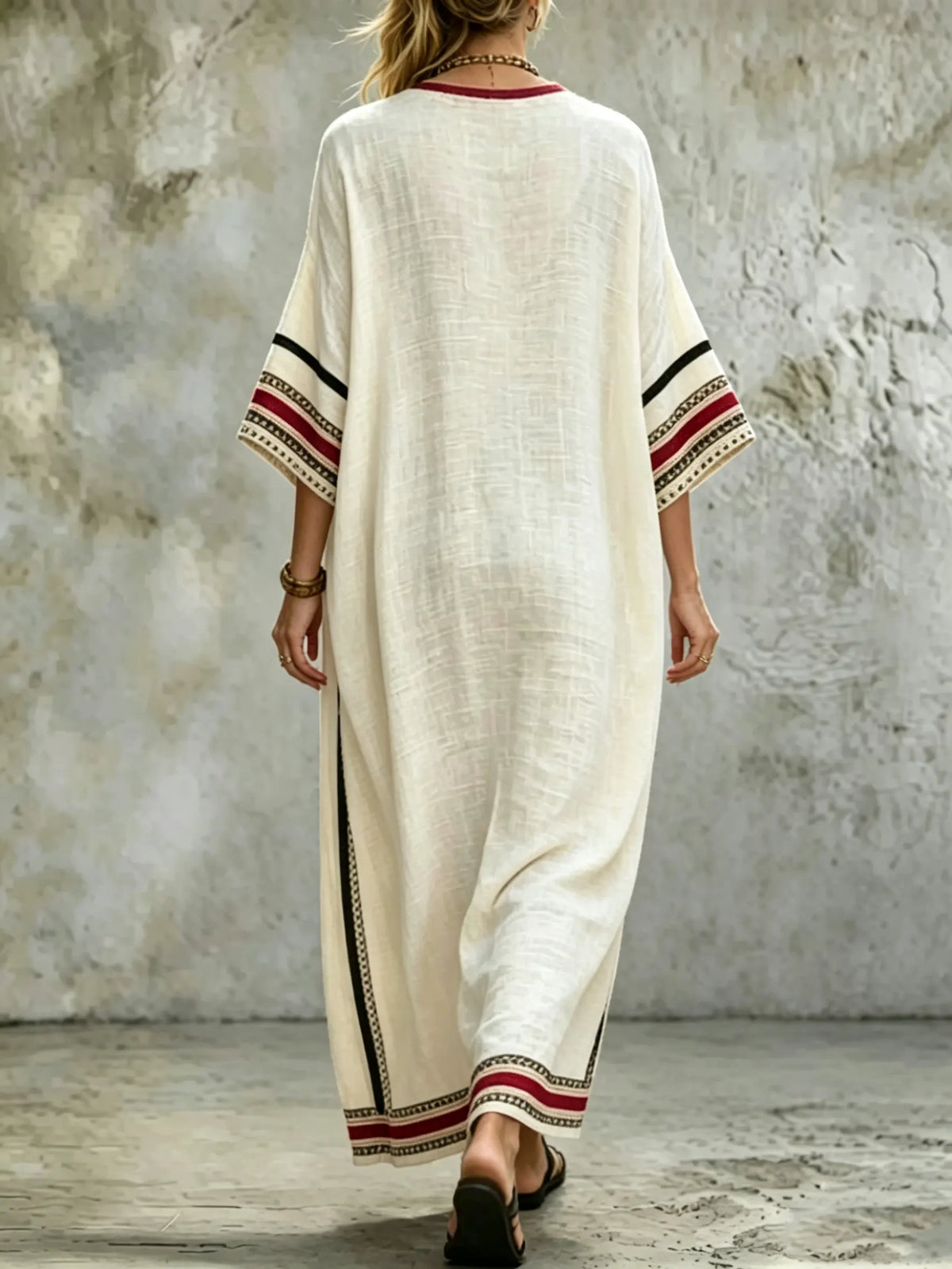 Women's Casual Loose Cotton-linen Dress With Placement Print V-neck And 3/4 Sleeves