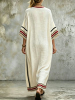 Women's Casual Loose Cotton-linen Dress With Placement Print V-neck And 3/4 Sleeves
