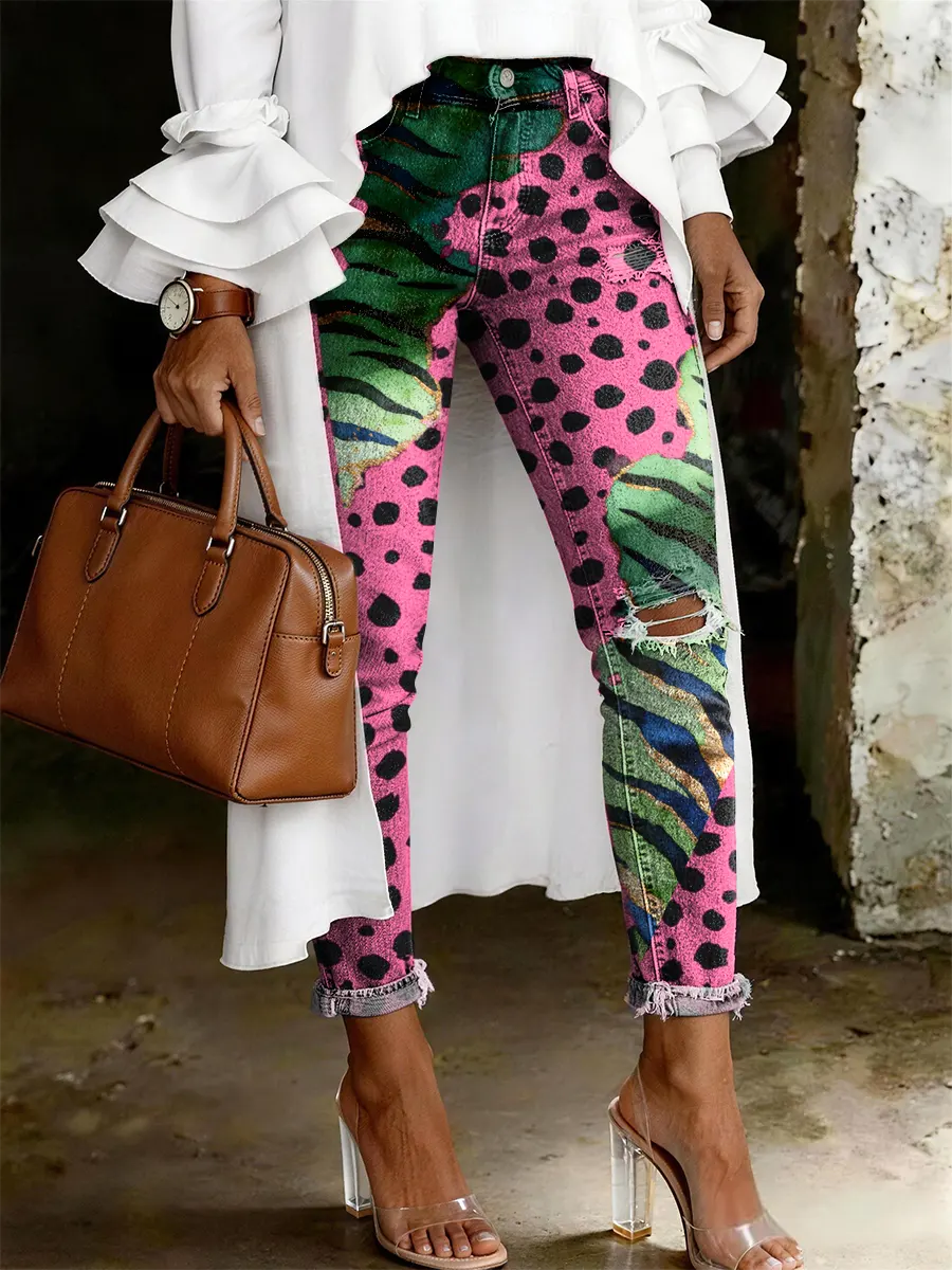 Women's Fashion Casual Multicolor Leopard Print Ripped Skinny Jeans