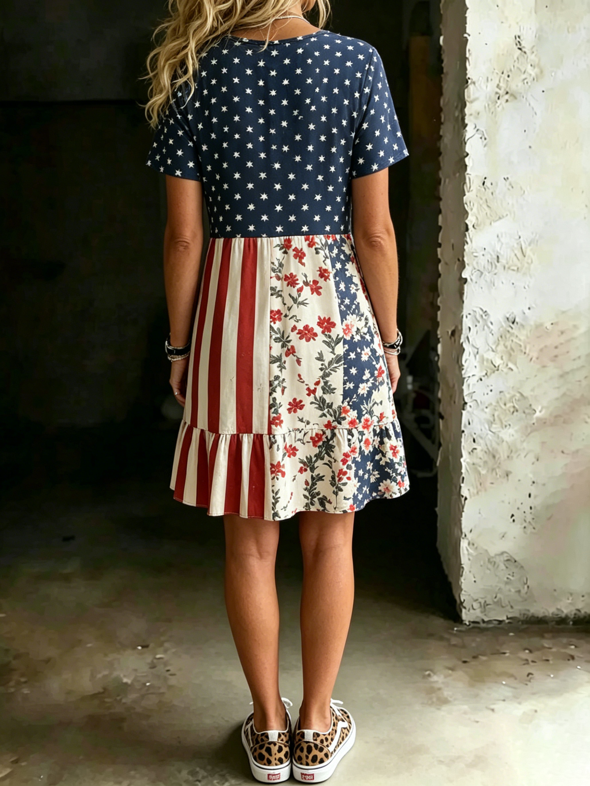 Women's American Flag Print V-neck Short-sleeve Dress