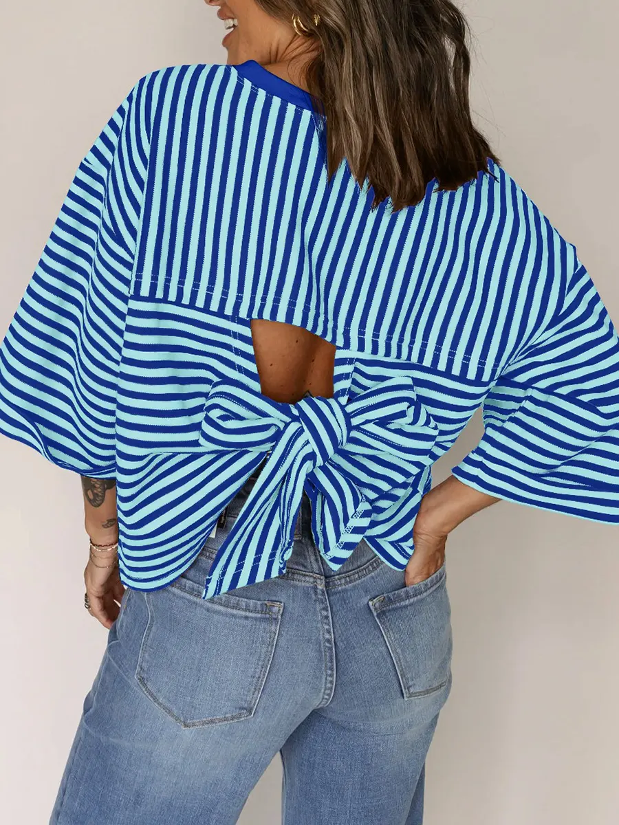 Women's Casual Crew-neck Striped Short-sleeve Top With Back Tie-bow Detail