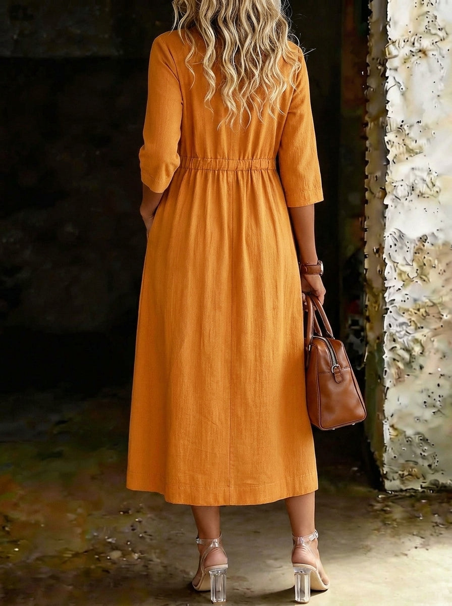 Women’s V-neck 3/4-sleeve Elastic Drawstring High-waisted Pockets Dress