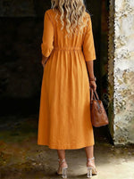 Women’s V-neck 3/4-sleeve Elastic Drawstring High-waisted Pockets Dress