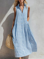 Women's Casual Blue Plaid Print Ruffles Cotton Sleeveless Dress
