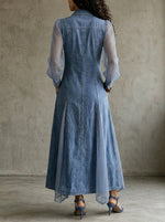 Women's Elegant Summer Longsleeve Flowy Denim Patchwork Mesh Maxi Dress