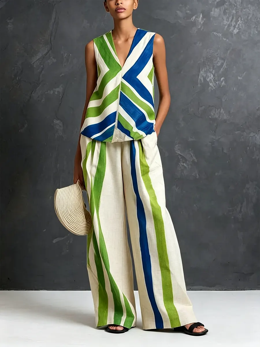 Women's Stripe Print Sleeveless Top Pants Two-piece Set