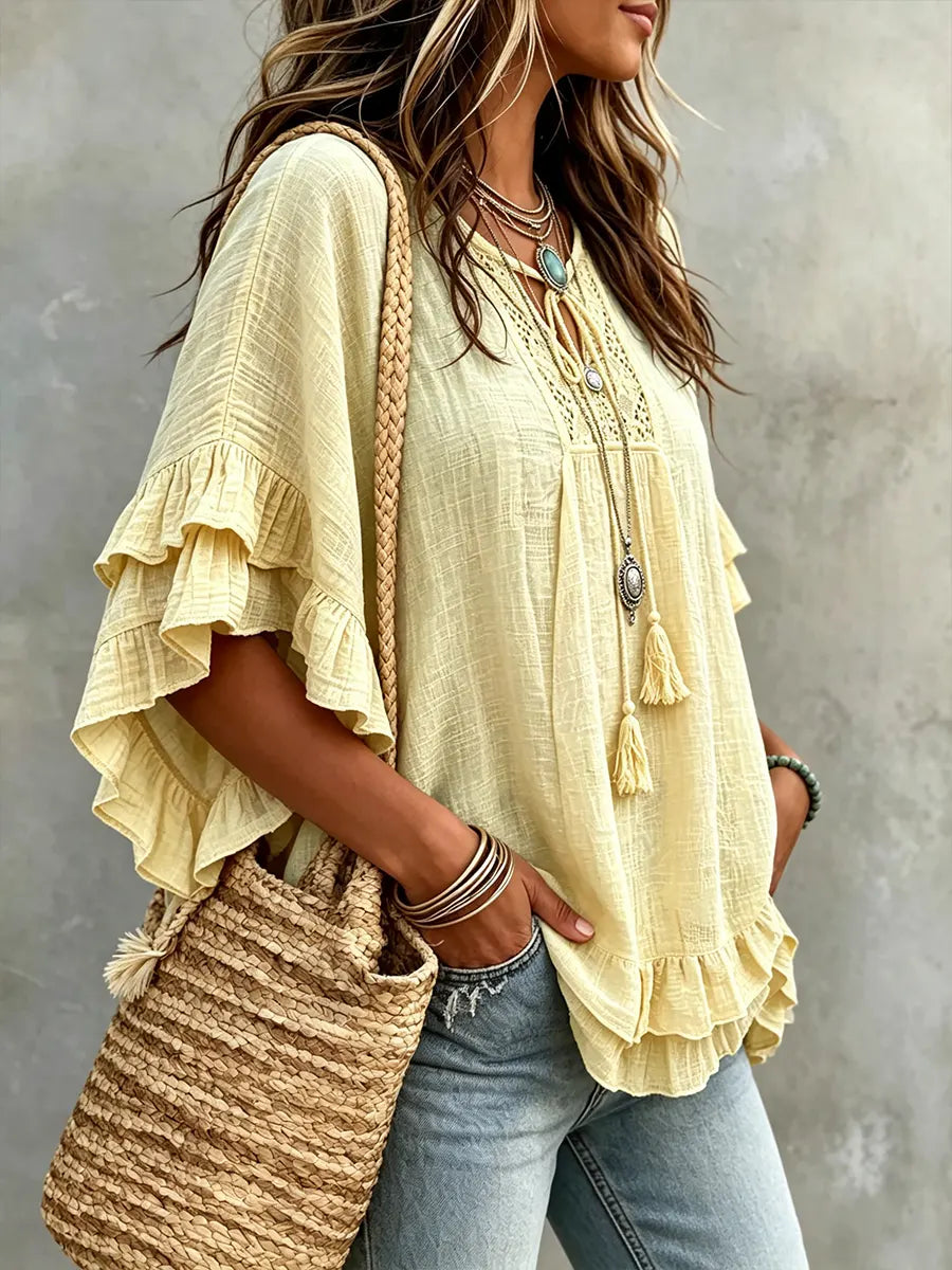 Off-the-shoulder Stylish Loose-fit Cotton Top With Ruffles And V-neck