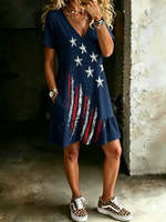 Women's American Flag Print V-neck Short-sleeve Dress