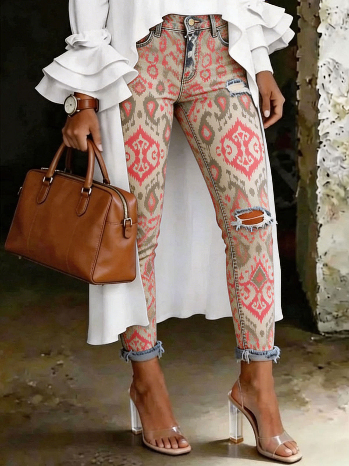 Women's Vintage Ethinic Art Print Art Ripped Skinny Jeans