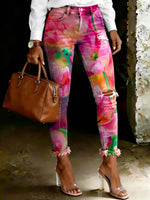 Women's Pink Gradient Floral Print Ripped Skinny Jeans