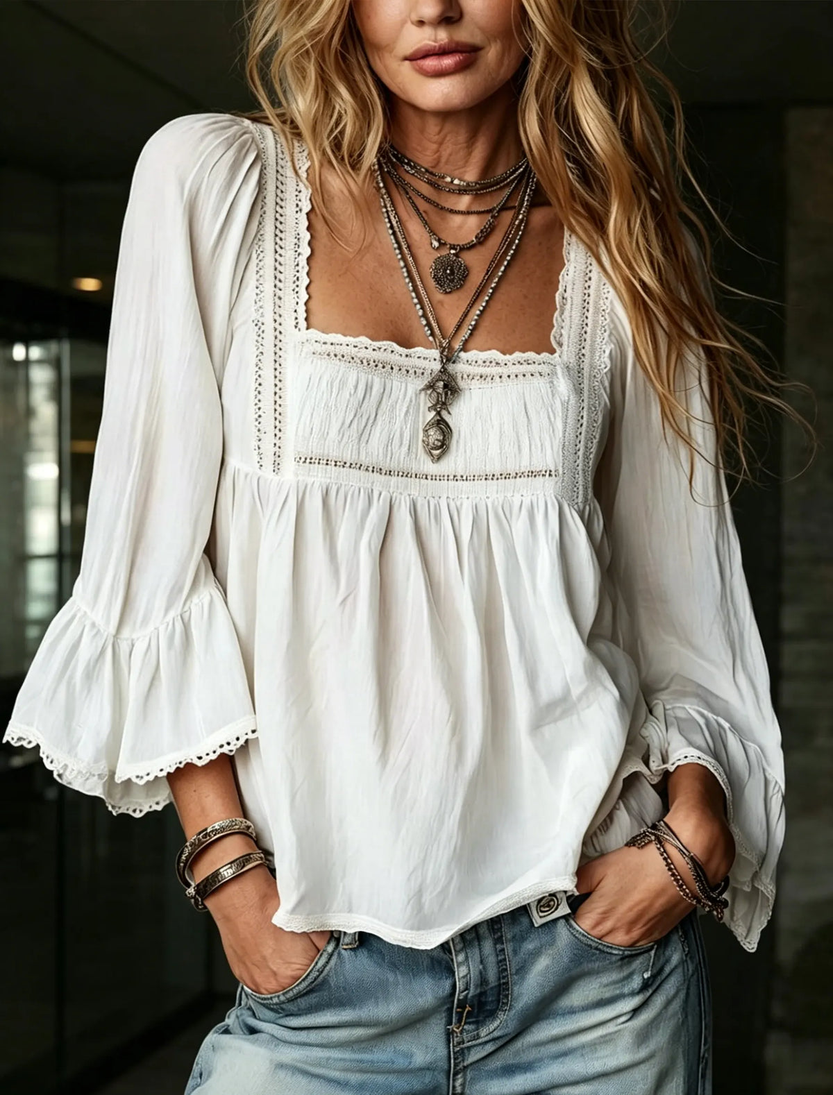 Casual Linen And Cotton Top With Lace Paneling