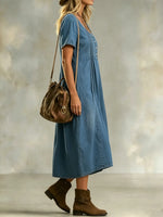 Women's Solid Denim Cotton Pleated Short Sleeve Casual Dress