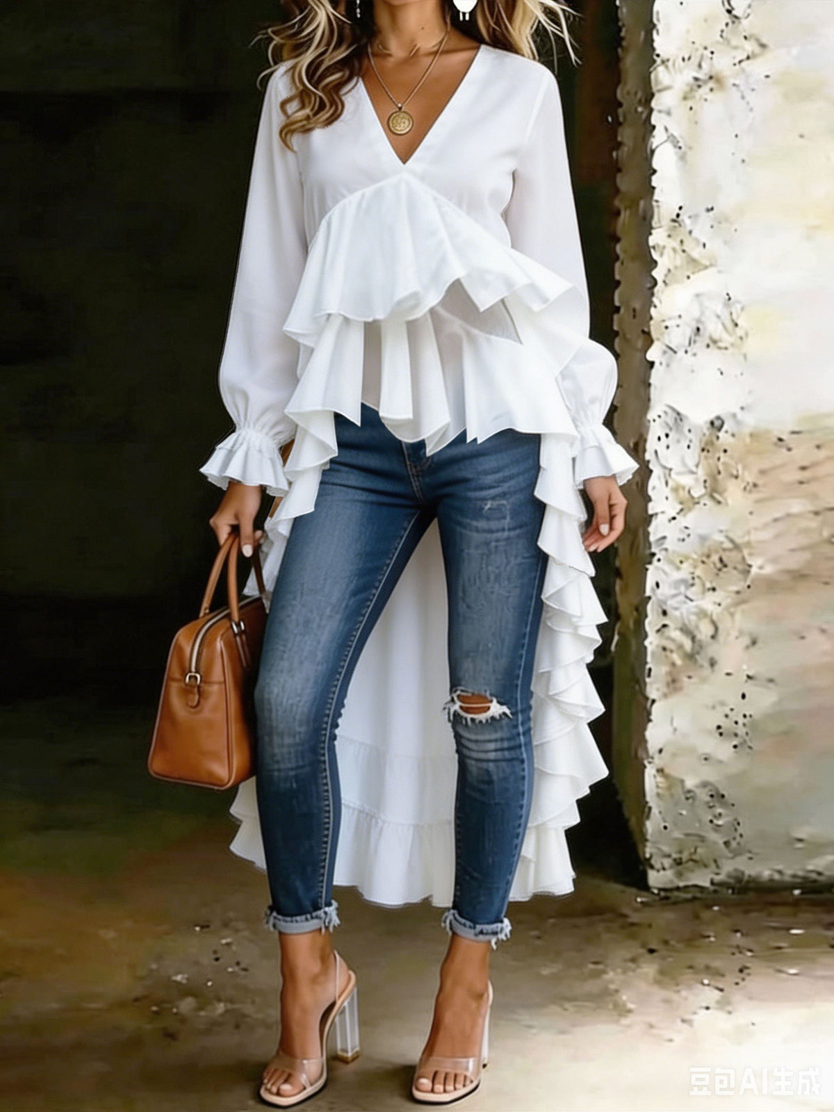 Women's V-neck Ruffled Hem High-low Asymmetrical Long Sleeves Blouse