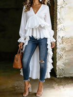 Women's V-neck Ruffled Hem High-low Asymmetrical Long Sleeves Blouse