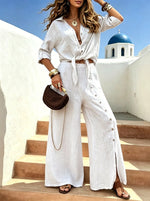 Women‘s Linen-cotton Casual Cardigan With Long Sleeves And Button-fastened Wide-leg Pants Set