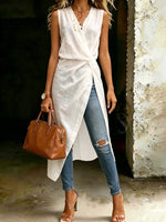 Elegant Twisted Front Sleeveless Longline Blouse Solid Slit Tunic Top