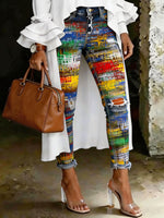 Women's Abstrct Multicolor Art Print Art Ripped Skinny Jeans