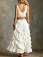 Women's V-Neck White Tiered Ruffle Maxi Dress